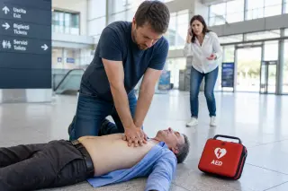Man performing chest compressions on an unconscious adult while a bystander calls emergency services in a well-lit modern public space, with a defibrillator visible nearby.