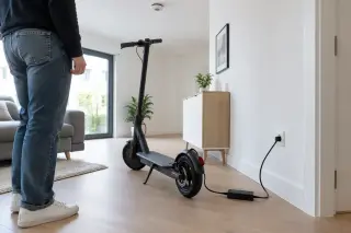 Personne chargeant une trottinette électrique dans un salon moderne, chargeur officiel branché au mur, espace dégagé et détecteur de fumée visible au plafond.