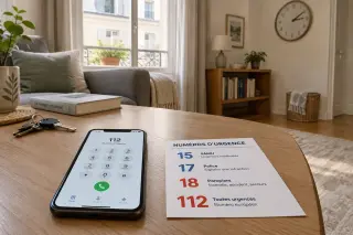 Smartphone on a table with emergency number 112 visible on the screen, alongside a card listing French emergency numbers in a tidy, sunlit living room.