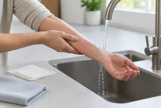 Avant-bras refroidi sous un filet d’eau fraîche du robinet après une brûlure, avec une compresse stérile à proximité.